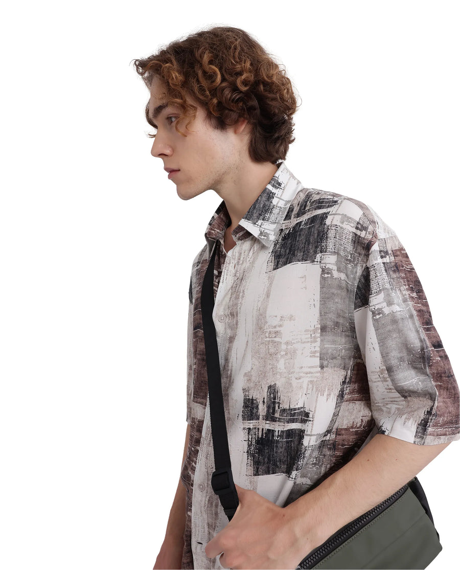 Rare Rabbit Men's Azah Dusky Beige Viscose Abstract Print Boxy Fit Half Sleeve Collared Shirt