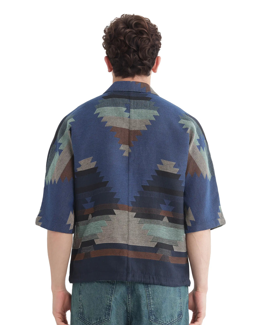 Rare Rabbit Men's Azlo Dark Navy Cotton Jacquard Boxy Fit Half Sleeve Collared Shirt