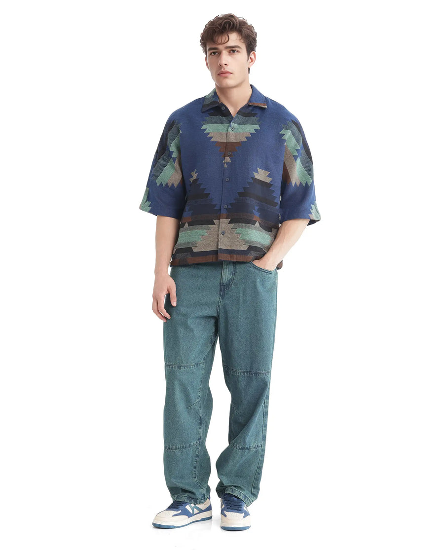 Rare Rabbit Men's Azlo Dark Navy Cotton Jacquard Boxy Fit Half Sleeve Collared Shirt