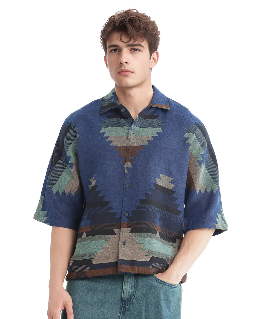 Rare Rabbit Men's Azlo Dark Navy Cotton Jacquard Boxy Fit Half Sleeve Collared Shirt