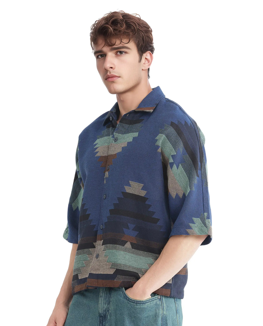 Rare Rabbit Men's Azlo Dark Navy Cotton Jacquard Boxy Fit Half Sleeve Collared Shirt