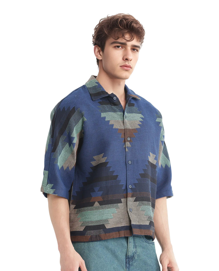 Rare Rabbit Men's Azlo Dark Navy Cotton Jacquard Boxy Fit Half Sleeve Collared Shirt