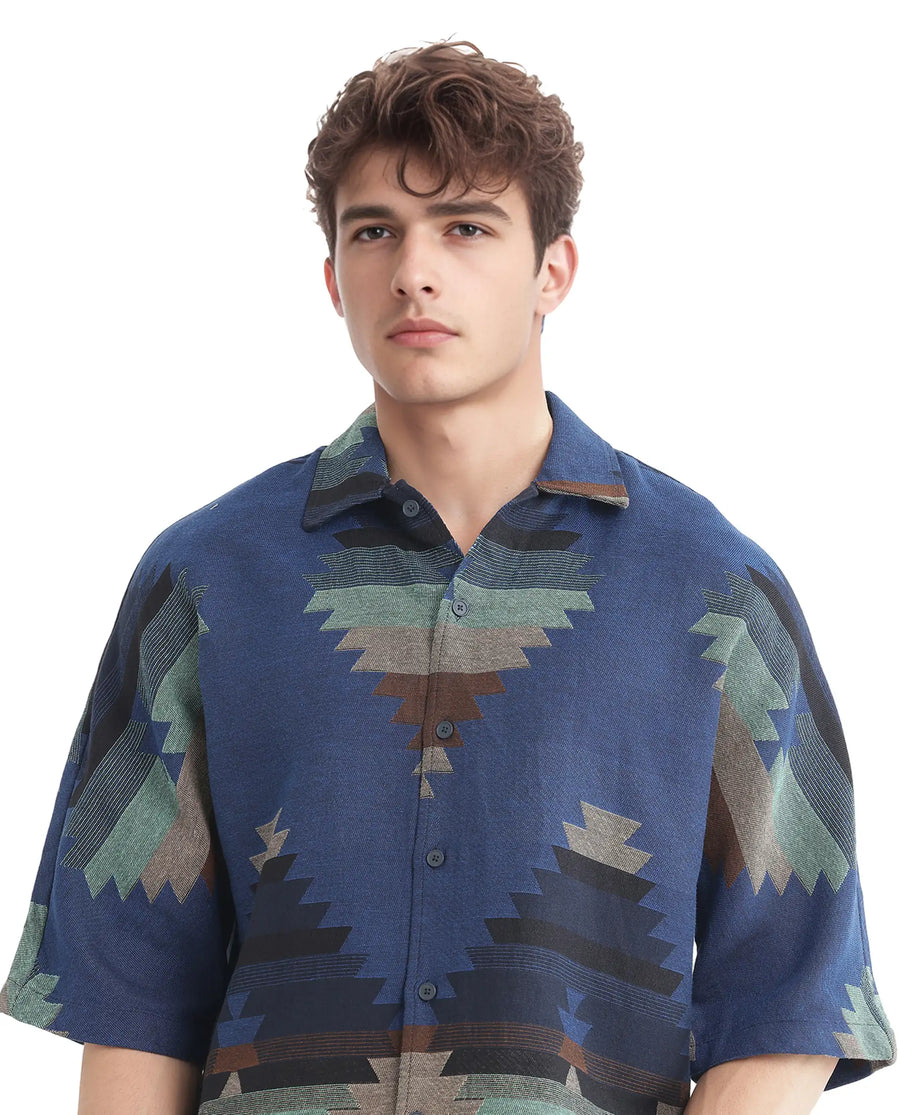 Rare Rabbit Men's Azlo Dark Navy Cotton Jacquard Boxy Fit Half Sleeve Collared Shirt