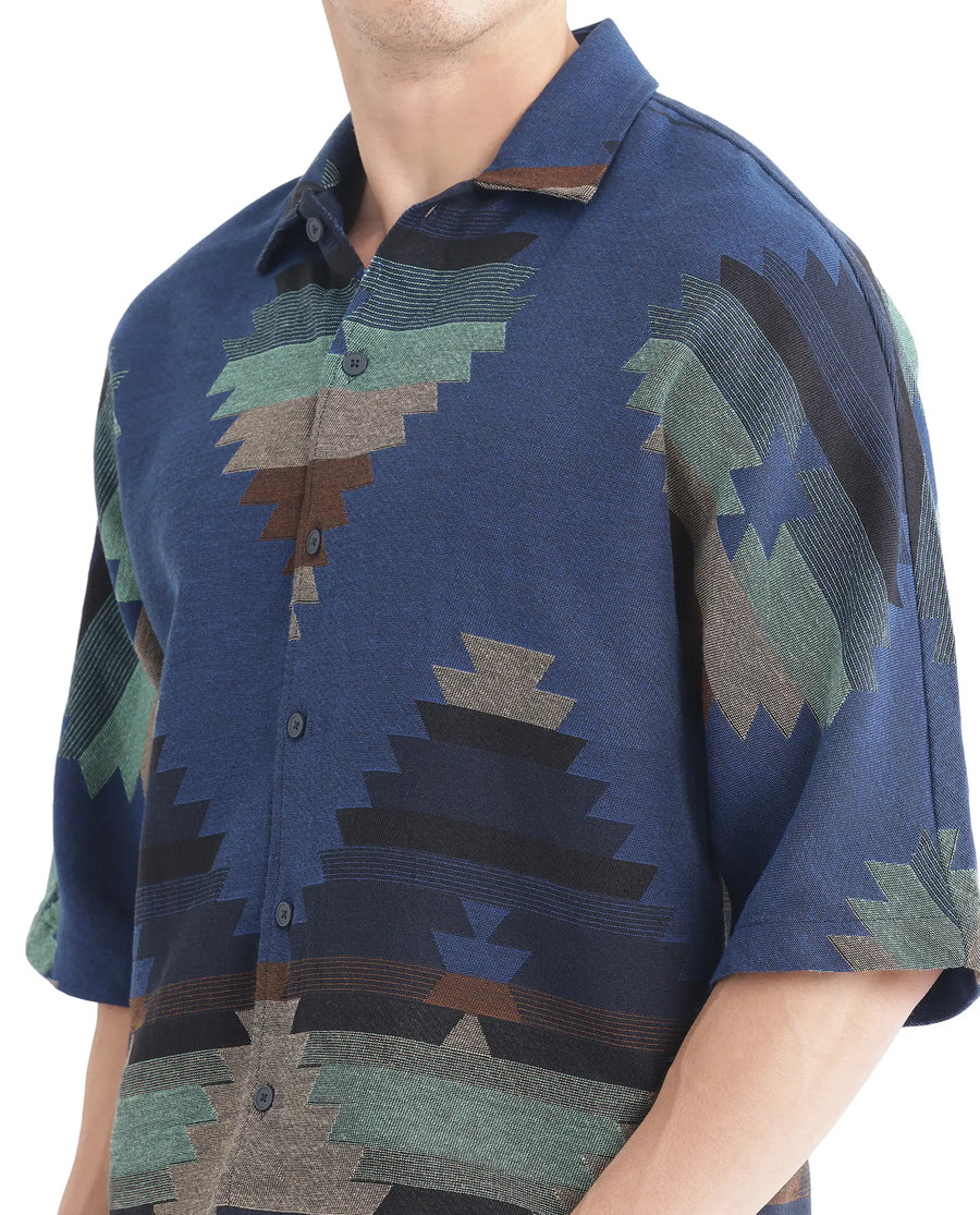 Rare Rabbit Men's Azlo Dark Navy Cotton Jacquard Boxy Fit Half Sleeve Collared Shirt
