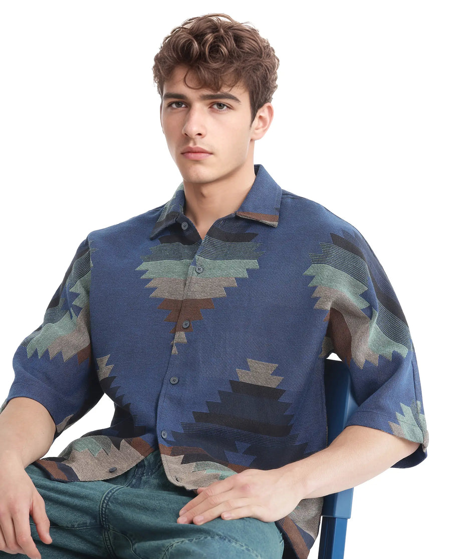 Rare Rabbit Men's Azlo Dark Navy Cotton Jacquard Boxy Fit Half Sleeve Collared Shirt