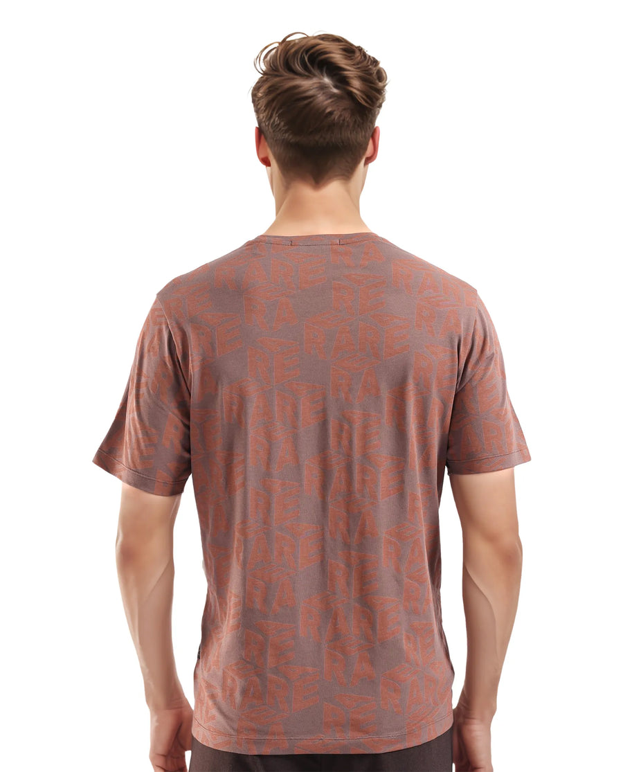 Rare Rabbit Men's Azo Dark Brown Cotton Graphic Print Regular Fit Half Sleeve Crew Neck T-Shirt