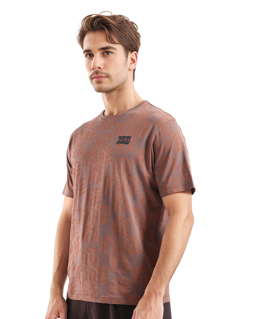 Rare Rabbit Men's Azo Dark Brown Cotton Graphic Print Regular Fit Half Sleeve Crew Neck T-Shirt