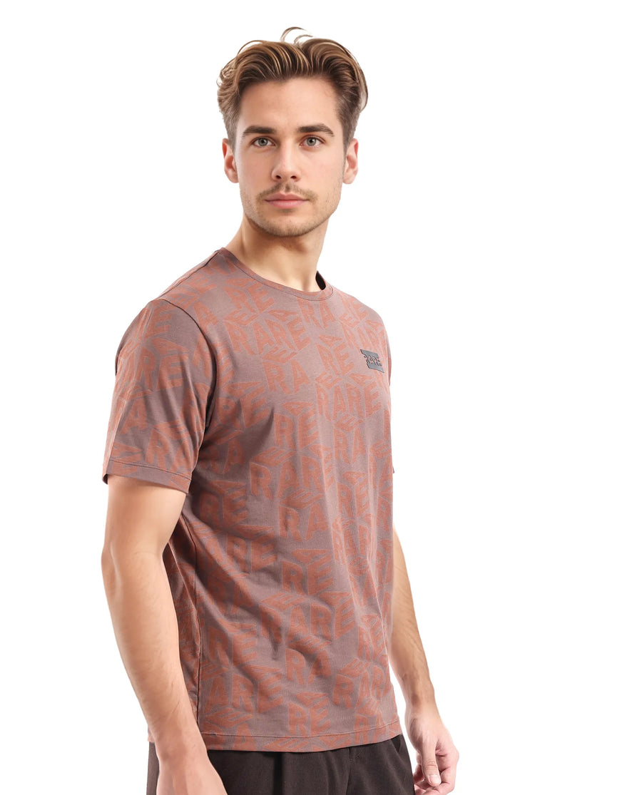 Rare Rabbit Men's Azo Dark Brown Cotton Graphic Print Regular Fit Half Sleeve Crew Neck T-Shirt