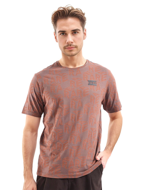 Rare Rabbit Men's Azo Dark Brown Cotton Graphic Print Regular Fit Half Sleeve Crew Neck T-Shirt