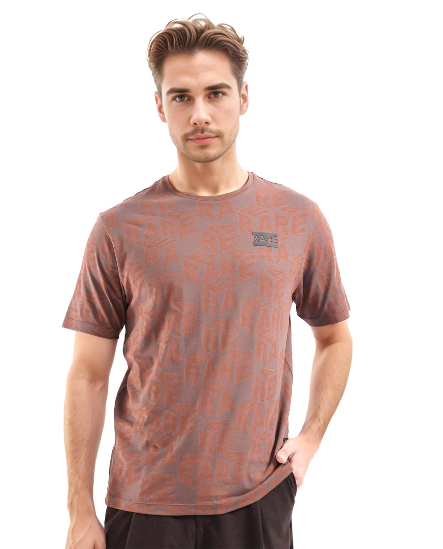 Rare Rabbit Men's Azo Dark Brown Cotton Graphic Print Regular Fit Half Sleeve Crew Neck T-Shirt