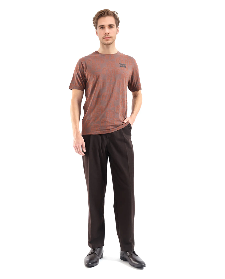 Rare Rabbit Men's Azo Dark Brown Cotton Graphic Print Regular Fit Half Sleeve Crew Neck T-Shirt