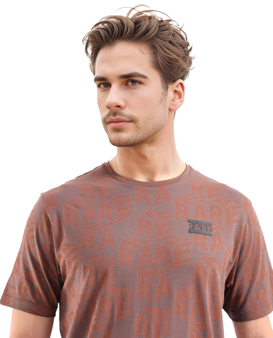 Rare Rabbit Men's Azo Dark Brown Cotton Graphic Print Regular Fit Half Sleeve Crew Neck T-Shirt