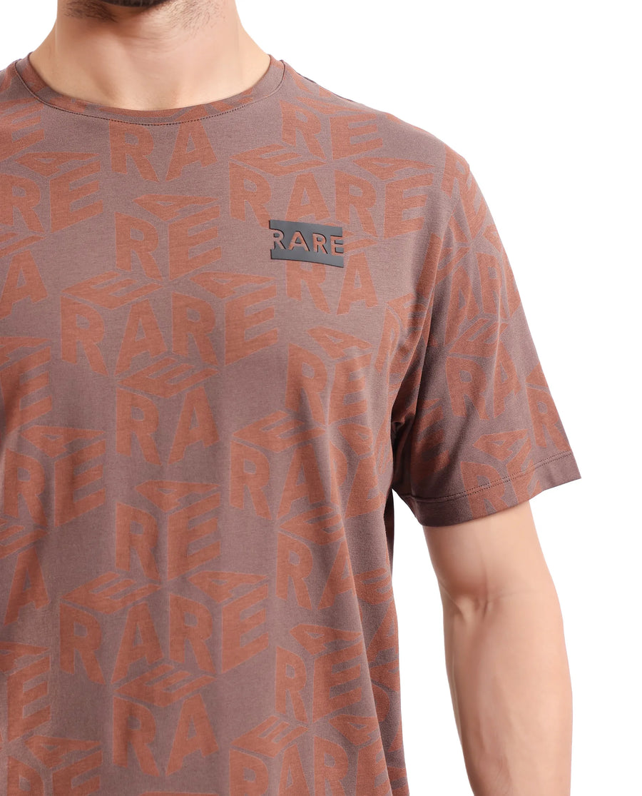 Rare Rabbit Men's Azo Dark Brown Cotton Graphic Print Regular Fit Half Sleeve Crew Neck T-Shirt