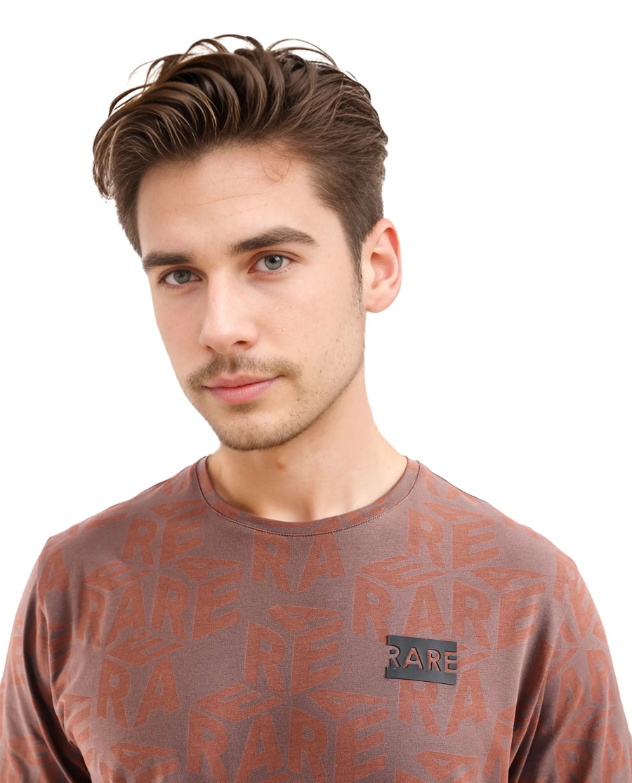 Rare Rabbit Men's Azo Dark Brown Cotton Graphic Print Regular Fit Half Sleeve Crew Neck T-Shirt