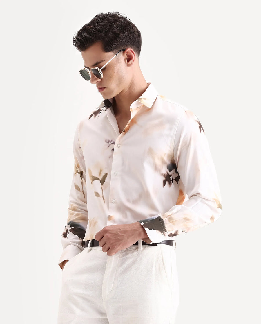 Rare Rabbit Men's Azor Off White Cotton Fabric Collared Neck Regular Fit Floral Print Shirt