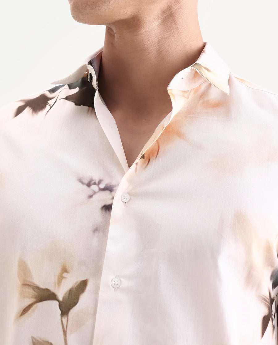 Rare Rabbit Men's Azor Off White Cotton Fabric Collared Neck Regular Fit Floral Print Shirt