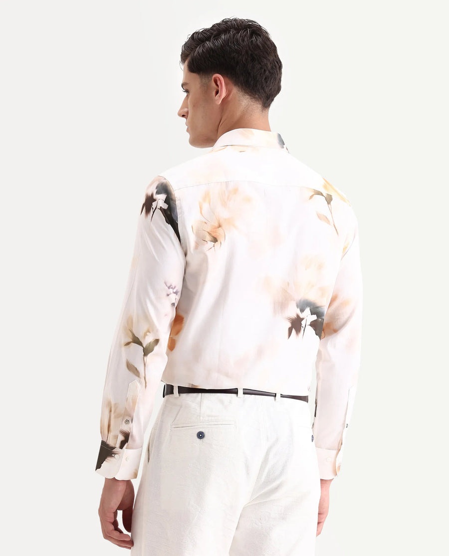 Rare Rabbit Men's Azor Off White Cotton Fabric Collared Neck Regular Fit Floral Print Shirt