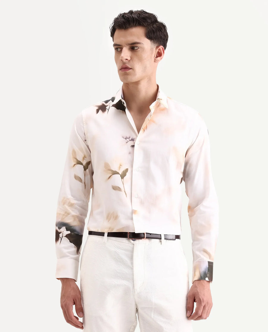 Rare Rabbit Men's Azor Off White Cotton Fabric Collared Neck Regular Fit Floral Print Shirt