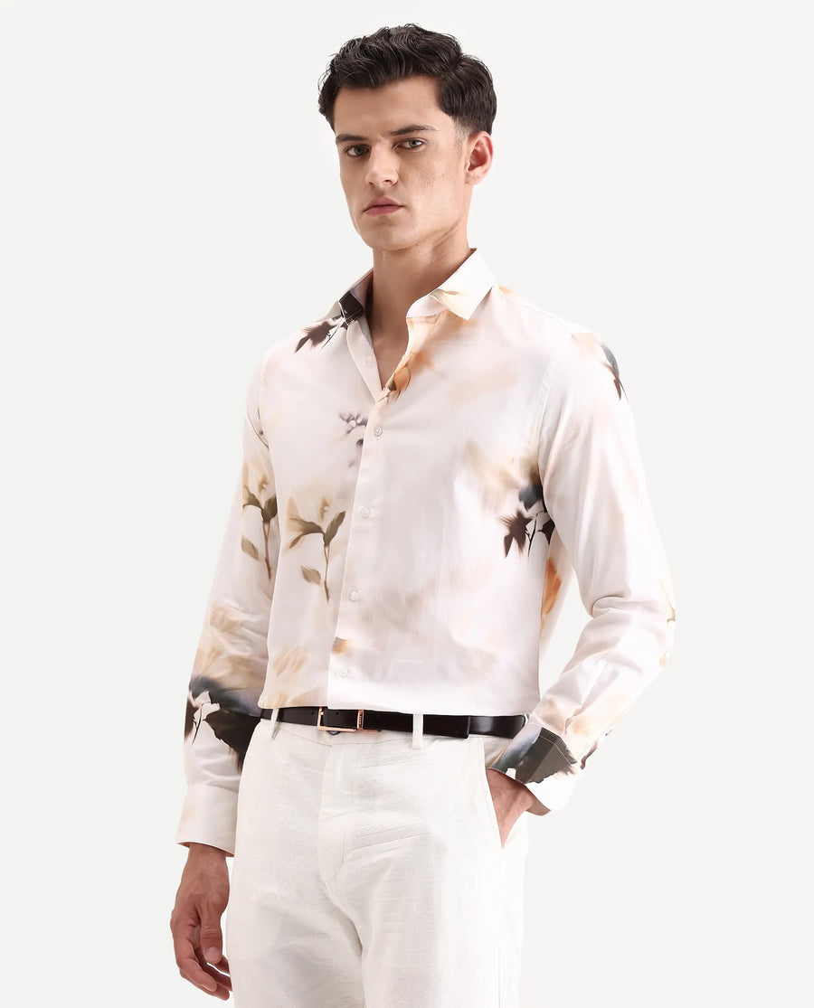 Rare Rabbit Men's Azor Off White Cotton Fabric Collared Neck Regular Fit Floral Print Shirt
