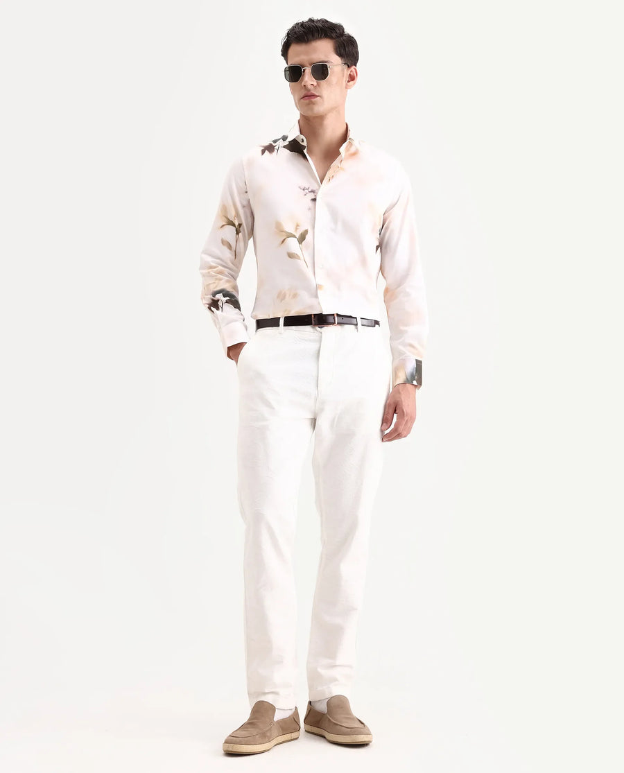Rare Rabbit Men's Azor Off White Cotton Fabric Collared Neck Regular Fit Floral Print Shirt
