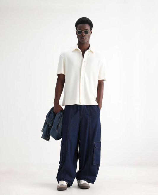 Rare Rabbit Men's Azort Blue Cotton Plain Baggy Fit Jeans