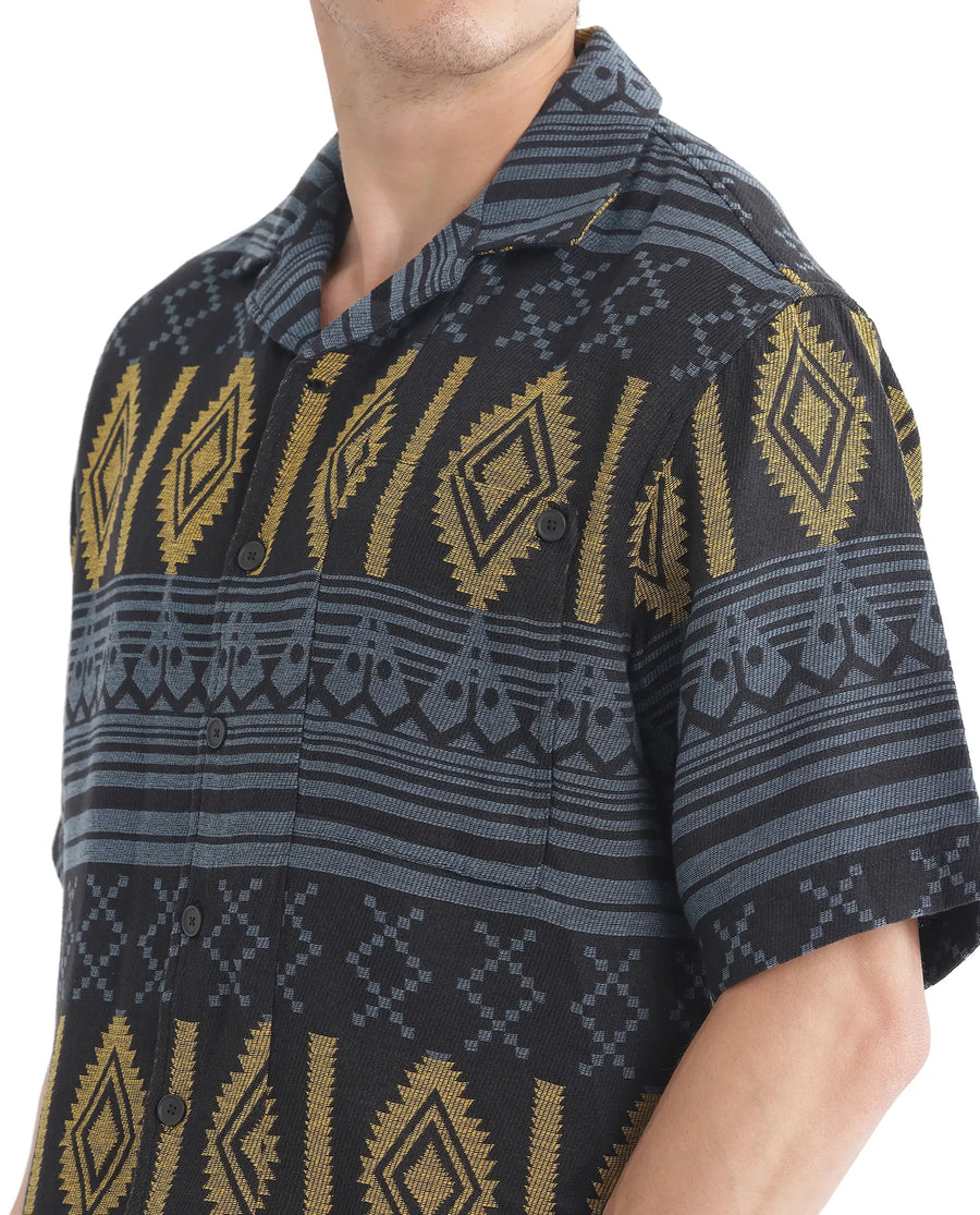 Rare Rabbit Men's Aztek Teal Cotton Jacquard Boxy Fit Half Sleeve Cuban Collar Shirt