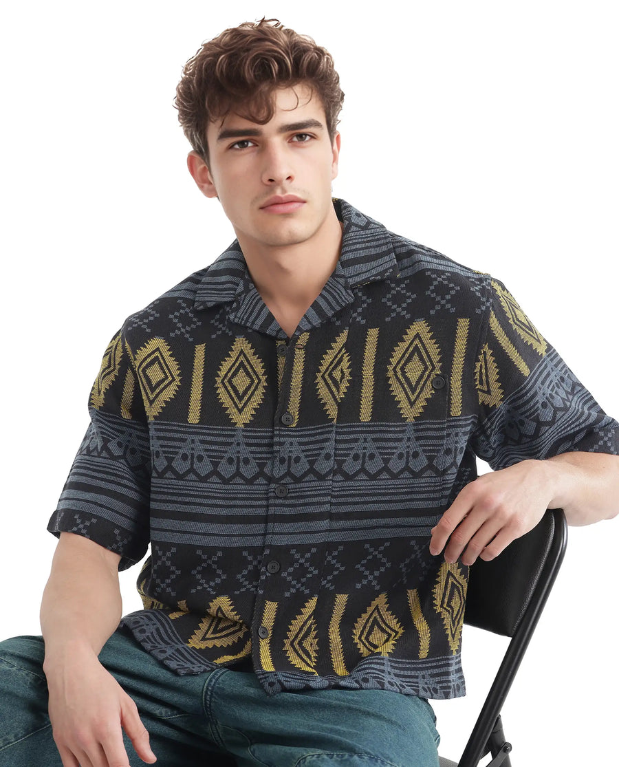 Rare Rabbit Men's Aztek Teal Cotton Jacquard Boxy Fit Half Sleeve Cuban Collar Shirt