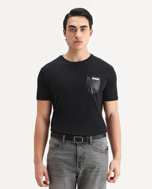 Rare Rabbit Men's Azul Black Cotton Plain Slim Fit Half Sleeve Crew Neck T-Shirt