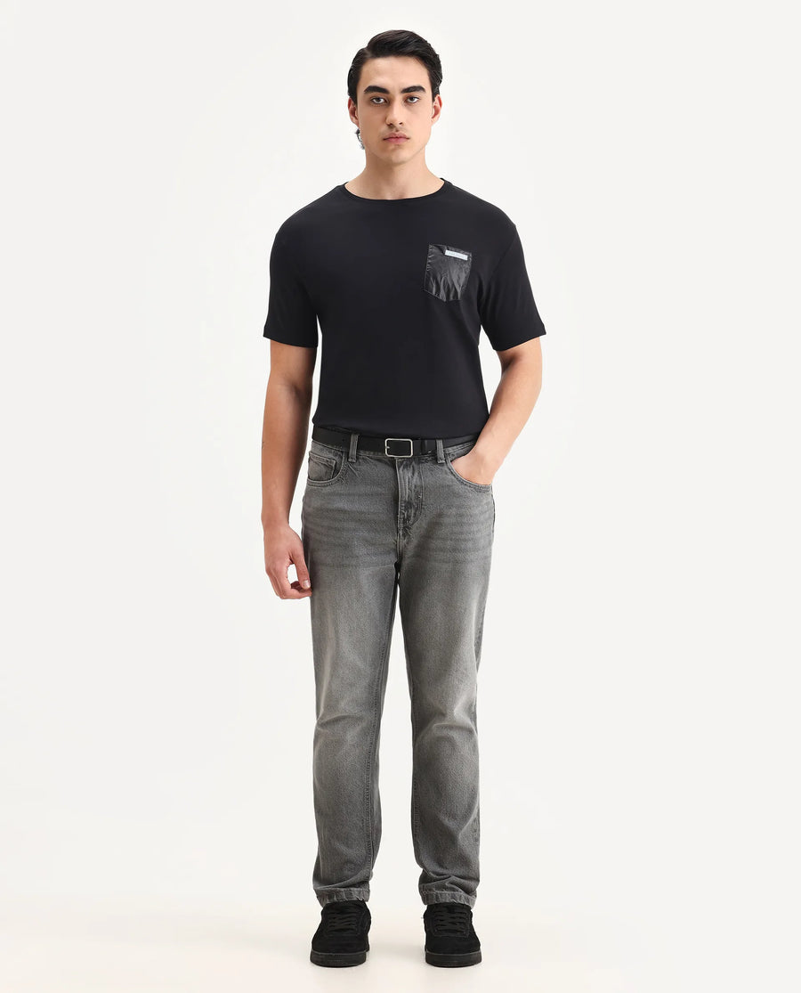 Rare Rabbit Men's Azul Black Cotton Plain Slim Fit Half Sleeve Crew Neck T-Shirt