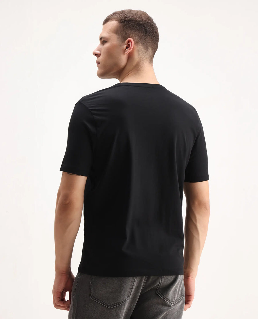 Rare Rabbit Men's Azzo Black Cotton Blend Graphic Print Regular Fit Half Sleeve Crew Neck T-Shirt