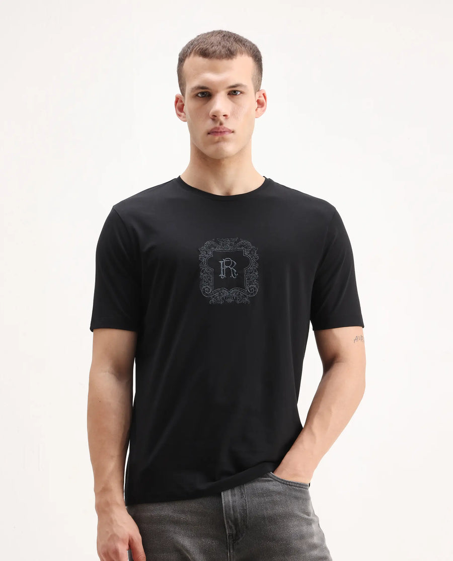 Rare Rabbit Men's Azzo Black Cotton Blend Graphic Print Regular Fit Half Sleeve Crew Neck T-Shirt