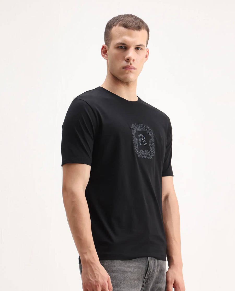 Rare Rabbit Men's Azzo Black Cotton Blend Graphic Print Regular Fit Half Sleeve Crew Neck T-Shirt