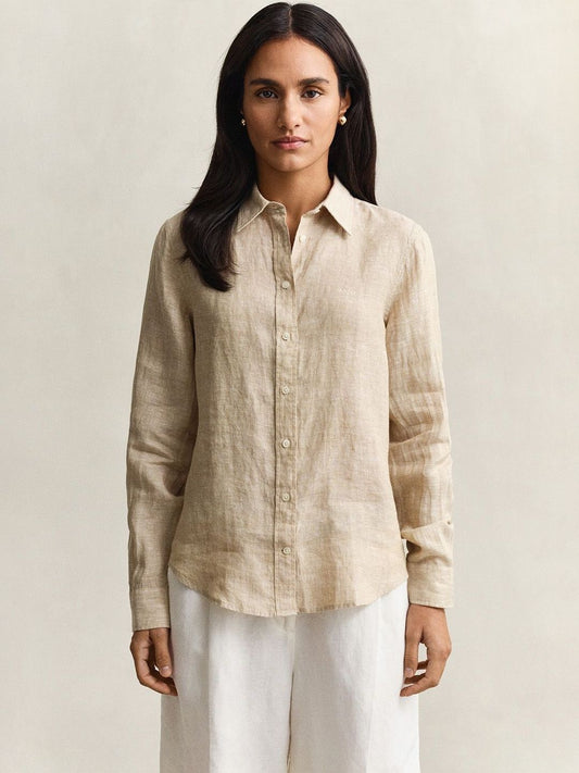 Gant Women Beige Solid Regular Fit Pure Linen Shirt