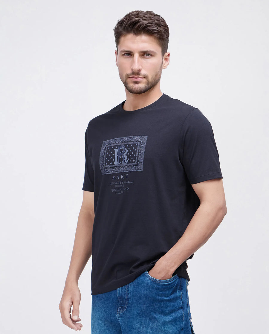 Rare Rabbit Men's Bac Dark Navy Cotton Blend Graphic Print Regular Fit Half Sleeve Crew Neck T-Shirt