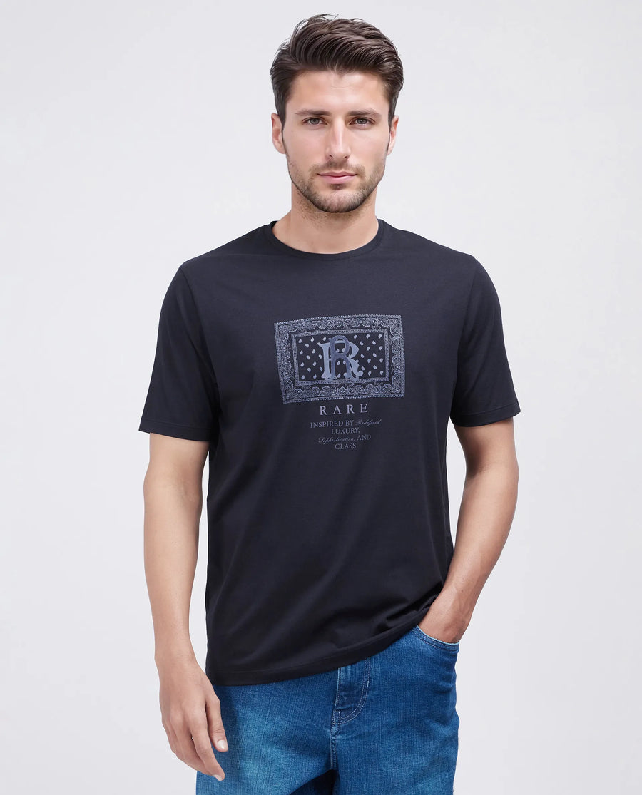 Rare Rabbit Men's Bac Dark Navy Cotton Blend Graphic Print Regular Fit Half Sleeve Crew Neck T-Shirt