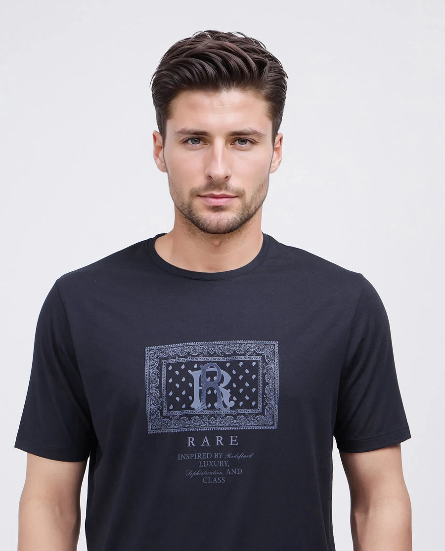 Rare Rabbit Men's Bac Dark Navy Cotton Blend Graphic Print Regular Fit Half Sleeve Crew Neck T-Shirt