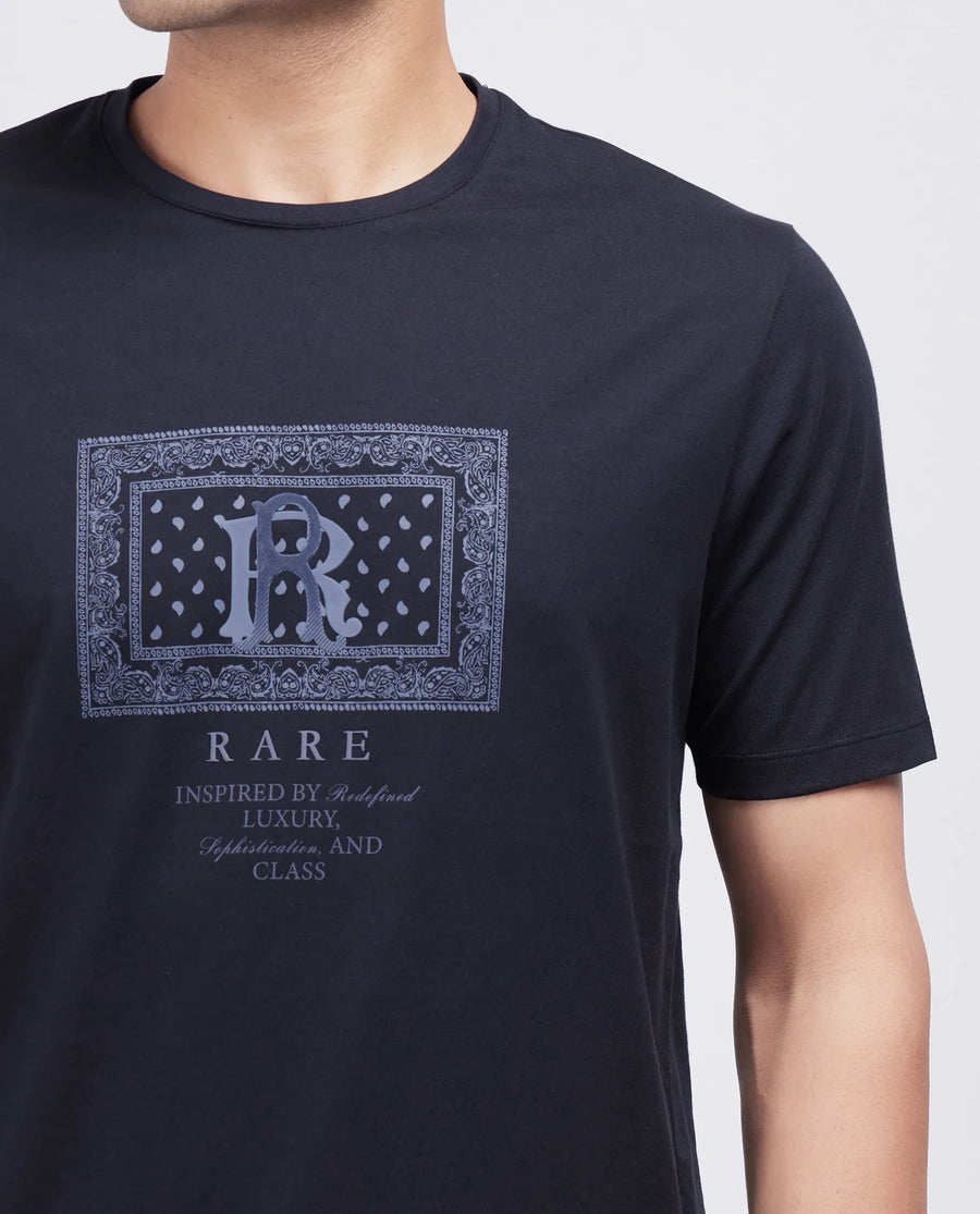 Rare Rabbit Men's Bac Dark Navy Cotton Blend Graphic Print Regular Fit Half Sleeve Crew Neck T-Shirt