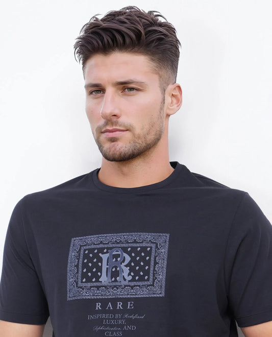 Rare Rabbit Men's Bac Dark Navy Cotton Blend Graphic Print Regular Fit Half Sleeve Crew Neck T-Shirt