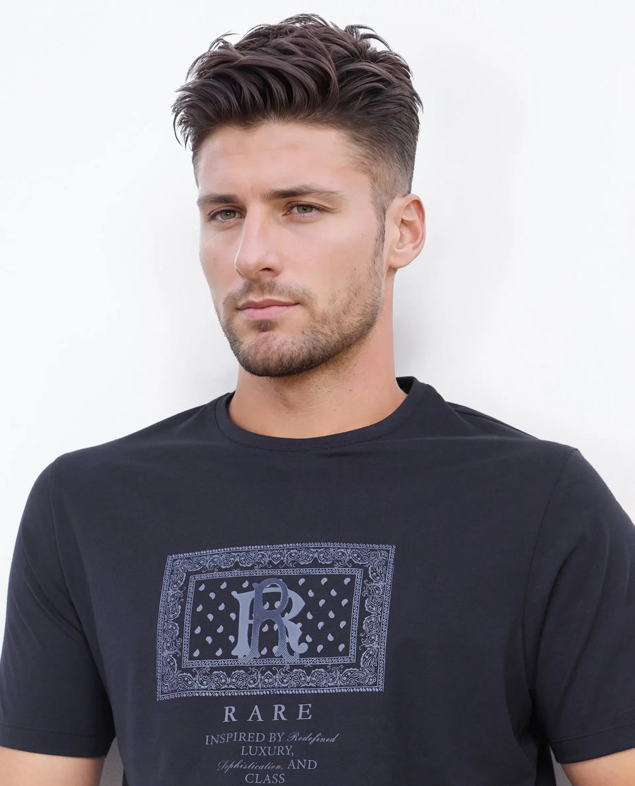 Rare Rabbit Men's Bac Dark Navy Cotton Blend Graphic Print Regular Fit Half Sleeve Crew Neck T-Shirt
