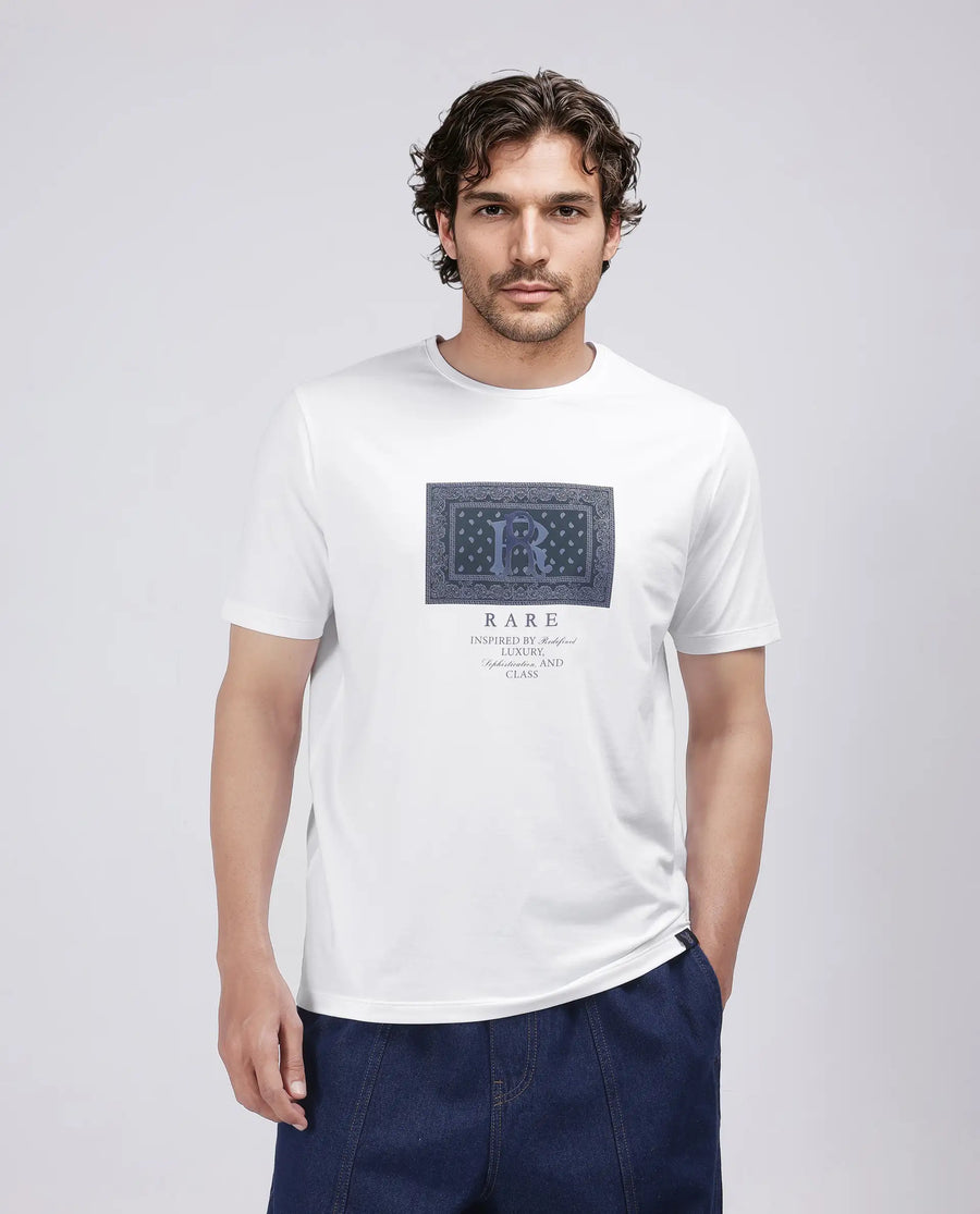Rare Rabbit Men's Bac White Cotton Blend Graphic Print Regular Fit Half Sleeve Crew Neck T-Shirt