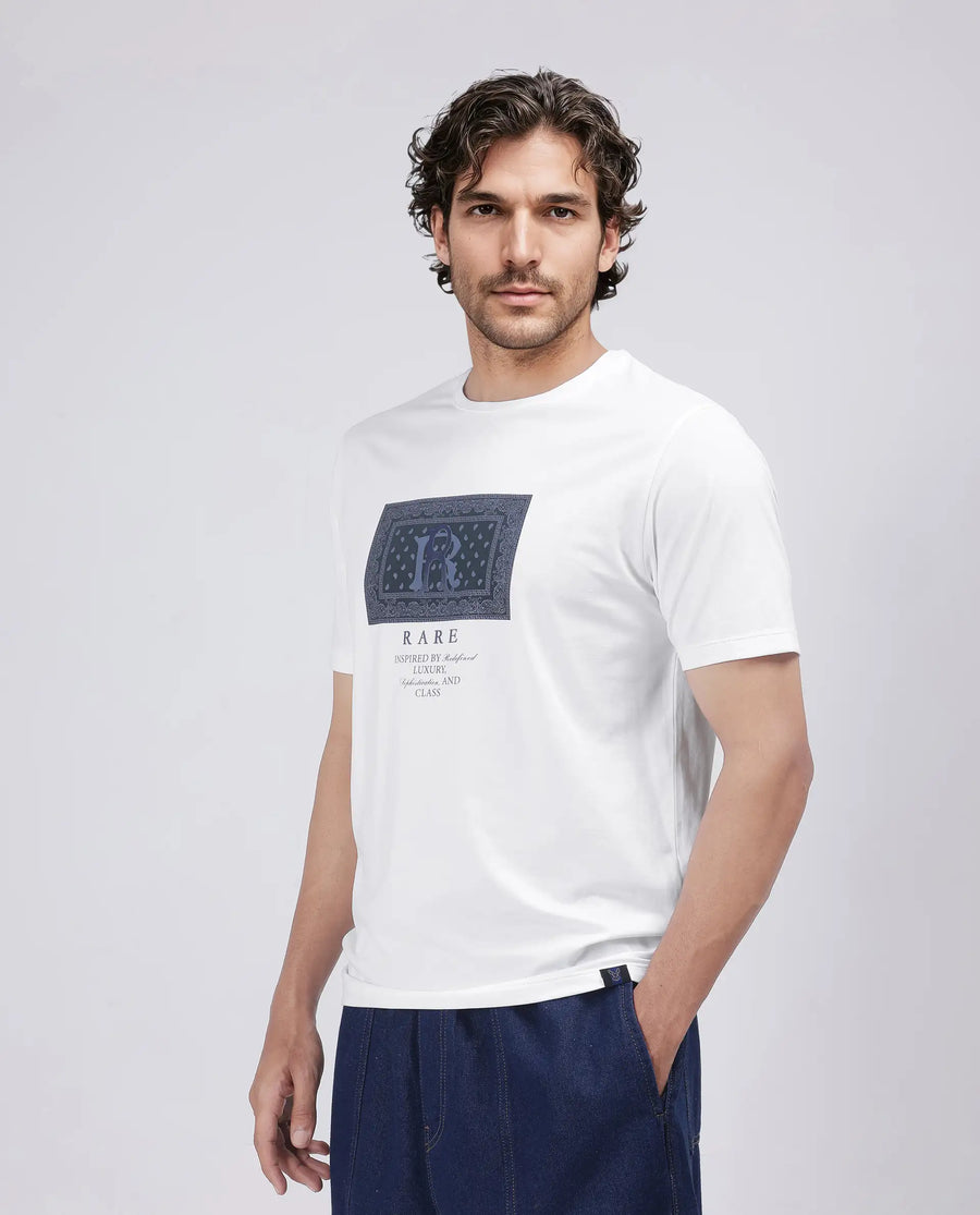 Rare Rabbit Men's Bac White Cotton Blend Graphic Print Regular Fit Half Sleeve Crew Neck T-Shirt