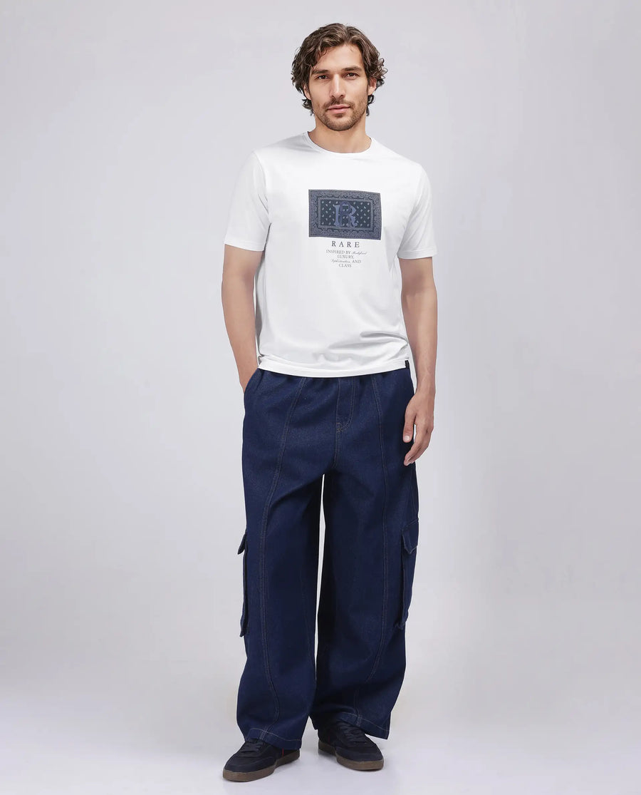 Rare Rabbit Men's Bac White Cotton Blend Graphic Print Regular Fit Half Sleeve Crew Neck T-Shirt