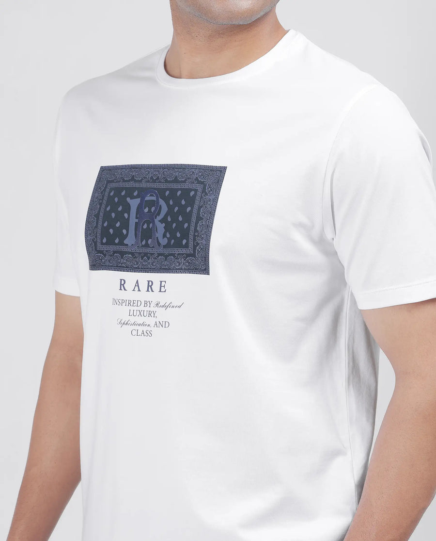 Rare Rabbit Men's Bac White Cotton Blend Graphic Print Regular Fit Half Sleeve Crew Neck T-Shirt
