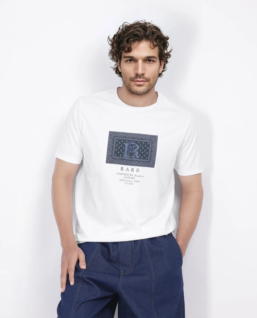 Rare Rabbit Men's Bac White Cotton Blend Graphic Print Regular Fit Half Sleeve Crew Neck T-Shirt