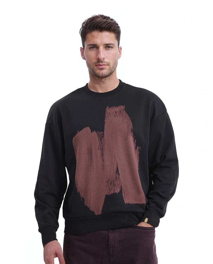 Rare Rabbit Men's Bade Black Cotton Abstract Print Boxy Fit Full Sleeve Crew Neck Sweatshirt