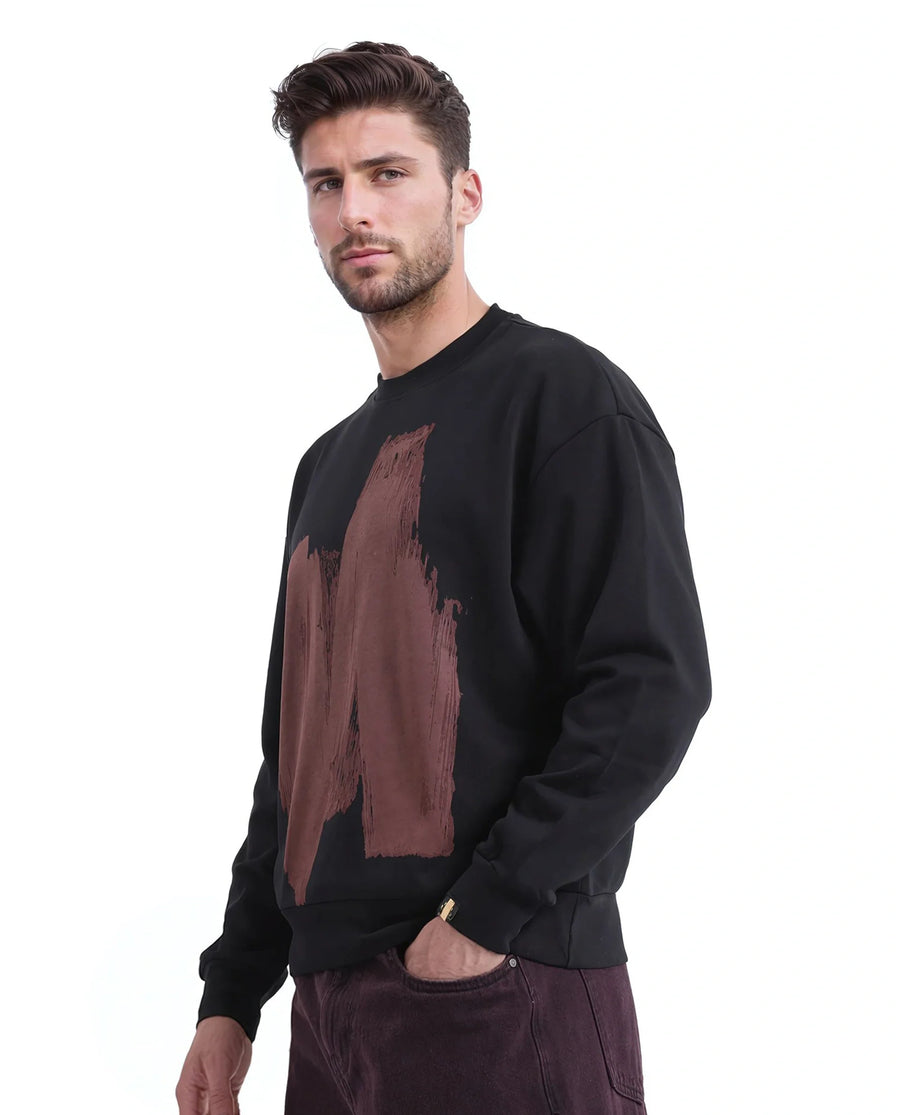 Rare Rabbit Men's Bade Black Cotton Abstract Print Boxy Fit Full Sleeve Crew Neck Sweatshirt