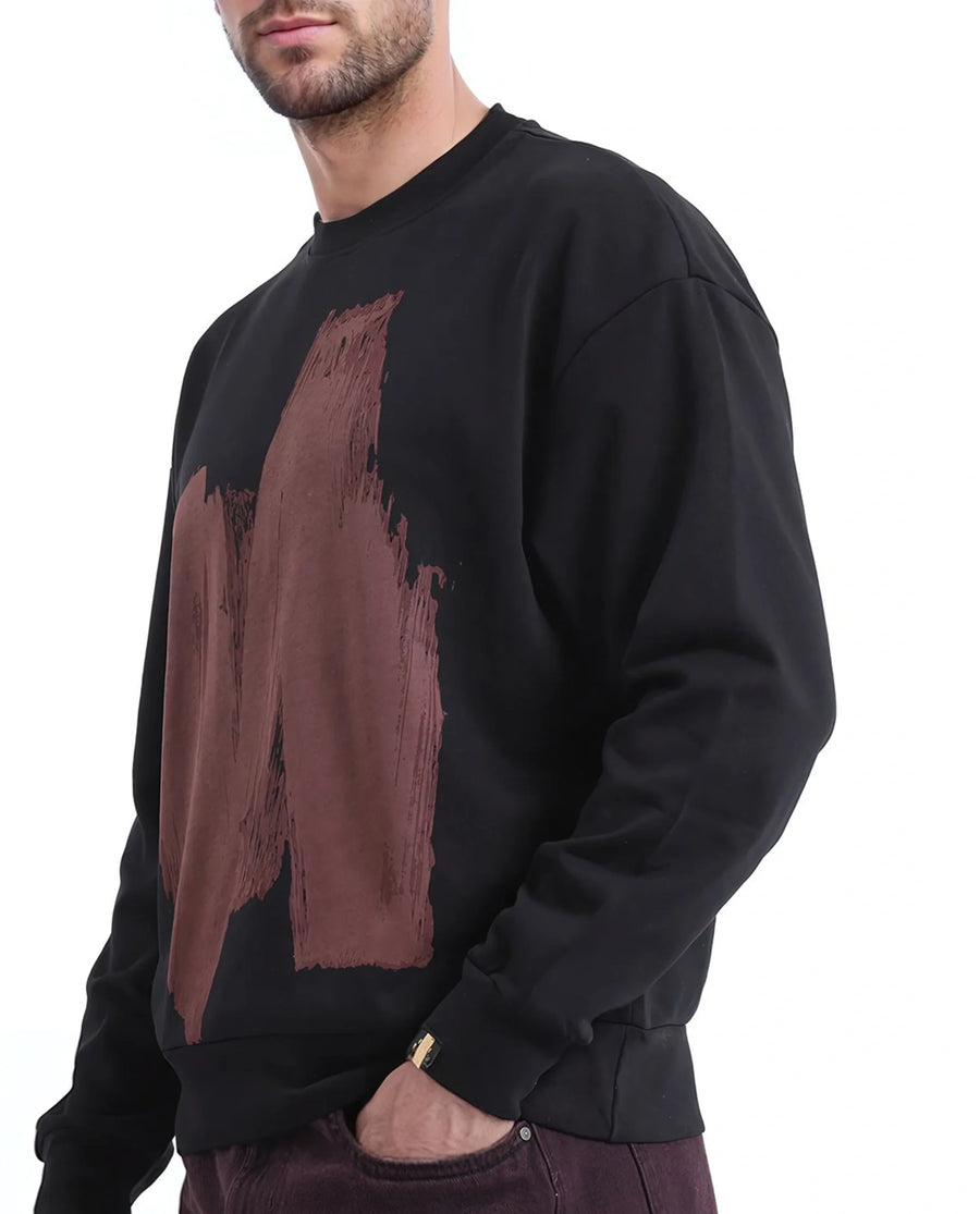 Rare Rabbit Men's Bade Black Cotton Abstract Print Boxy Fit Full Sleeve Crew Neck Sweatshirt