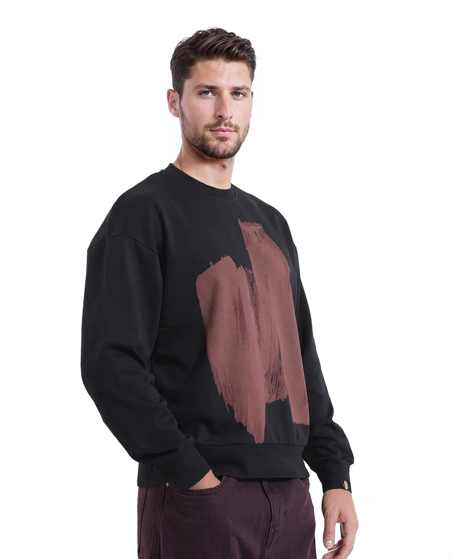 Rare Rabbit Men's Bade Black Cotton Abstract Print Boxy Fit Full Sleeve Crew Neck Sweatshirt