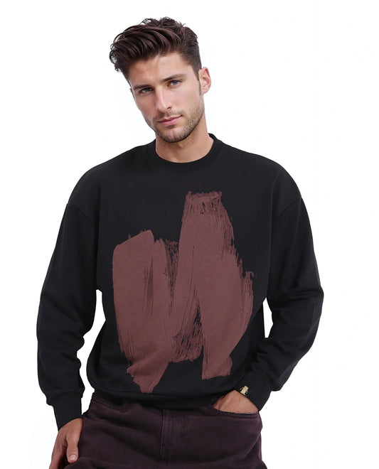 Rare Rabbit Men's Bade Black Cotton Abstract Print Boxy Fit Full Sleeve Crew Neck Sweatshirt
