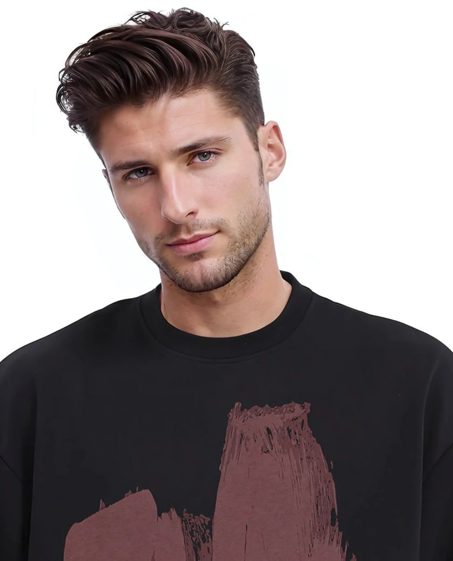 Rare Rabbit Men's Bade Black Cotton Abstract Print Boxy Fit Full Sleeve Crew Neck Sweatshirt